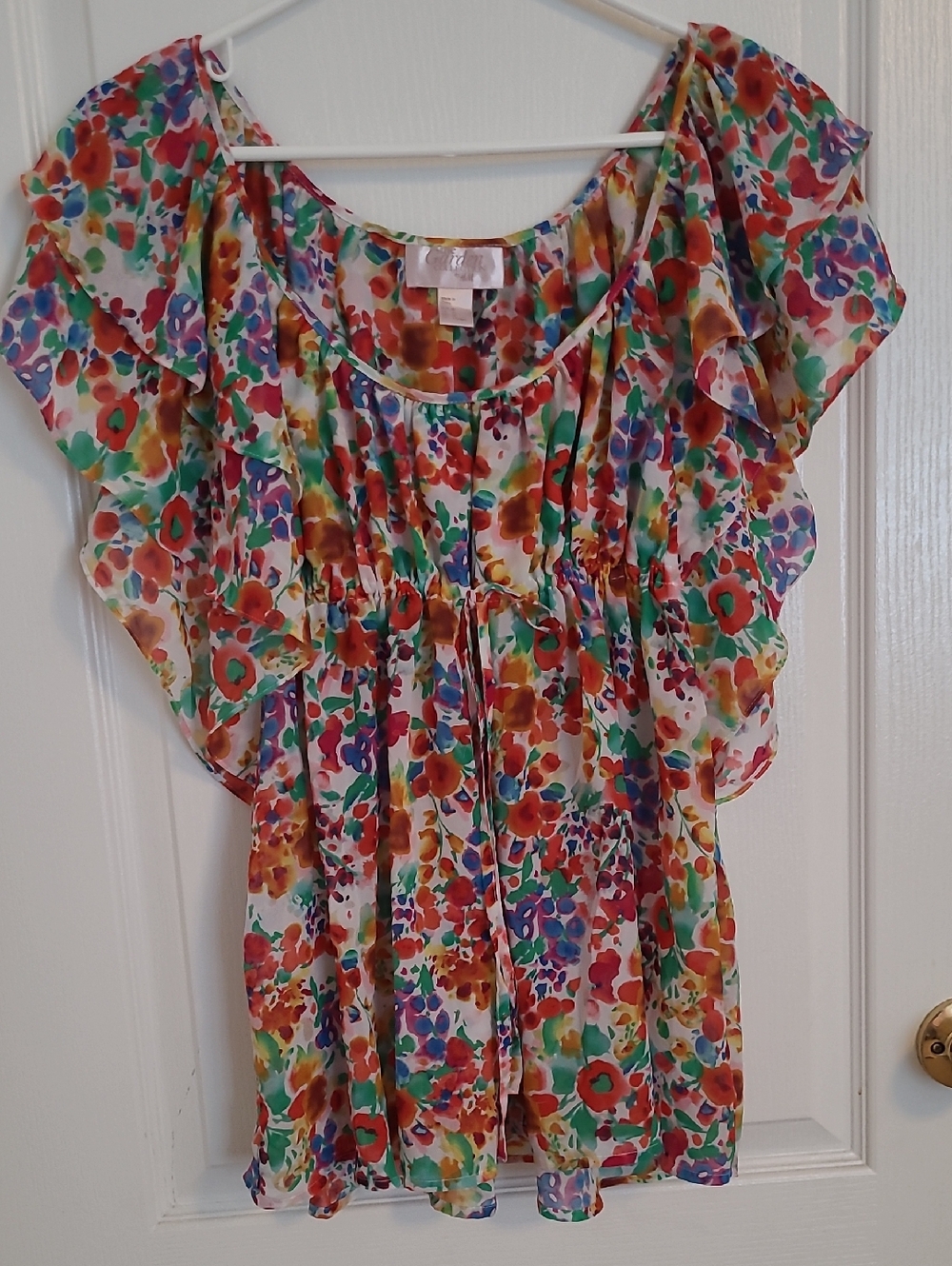 Colorful Floral Flutter Sleeve Blouse - Multicolor